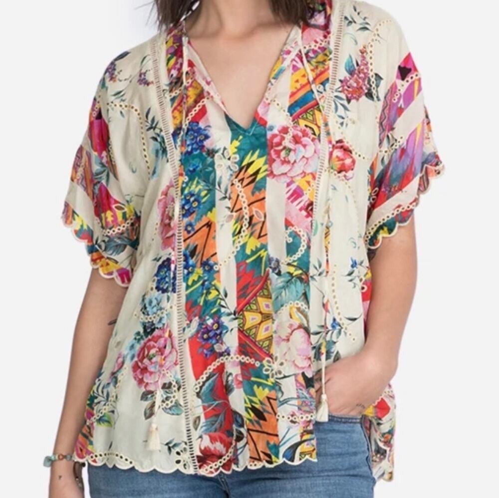 Johnny Was Virgil Blouse Silk Scalloped Hem Boho Cottagecore Large